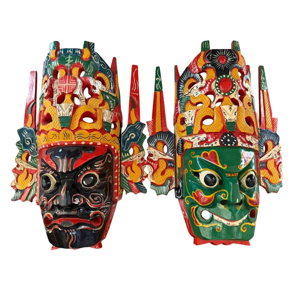 2 Vtg Chinese Hand Carved Painted Wood Face Mask Hanging Nuo Opera Warrior Art